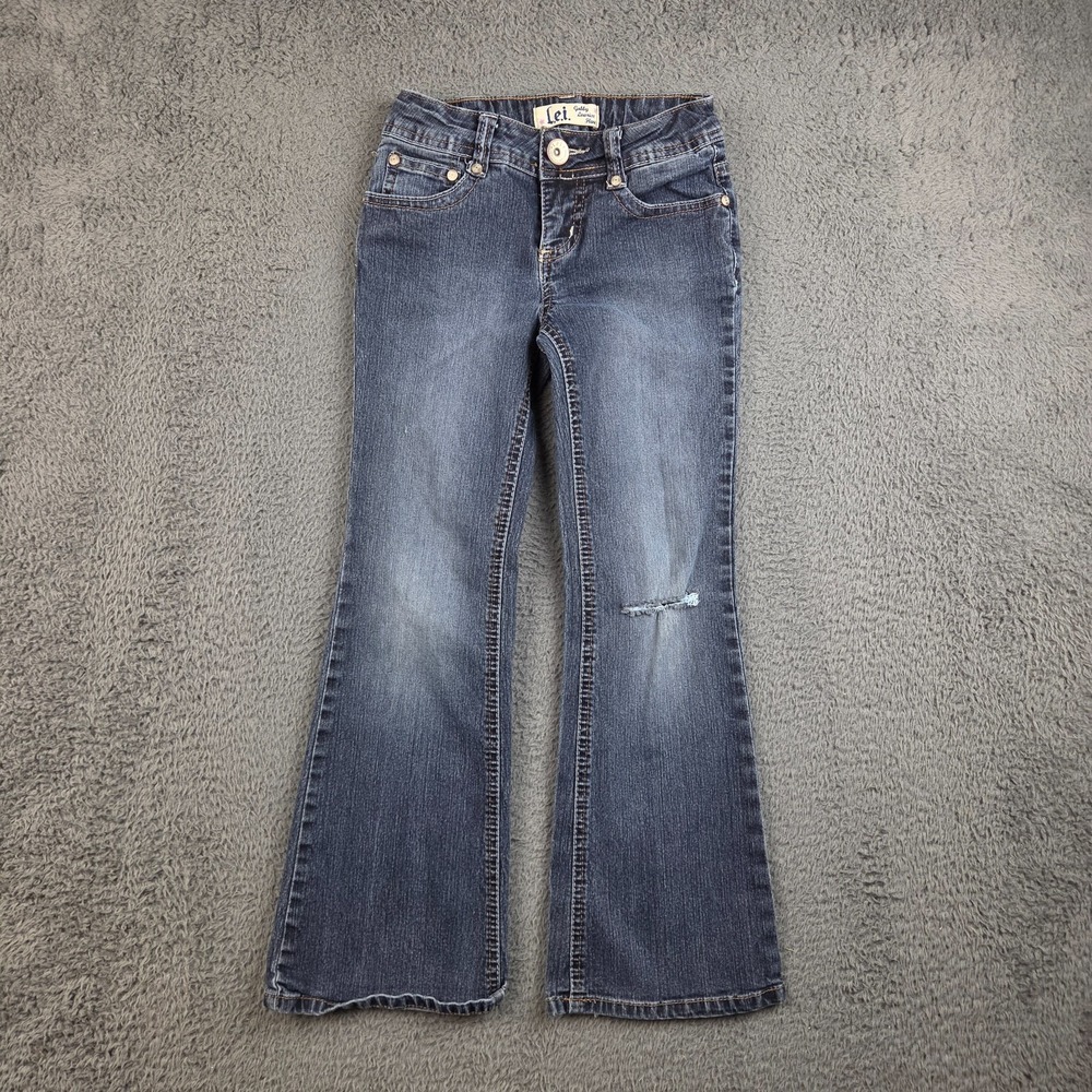 Y2K l.e.i. Jeans Girl's 7S Gabby Low Rise Flare Distressed Stretch Blue Denim